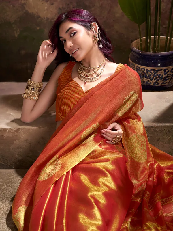 Orange festive wear yissue silk saree