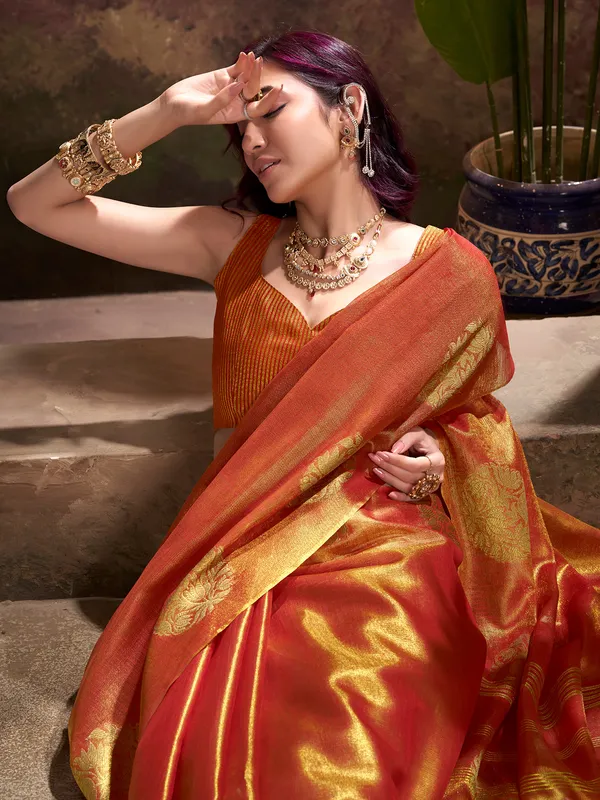 Orange festive wear yissue silk saree