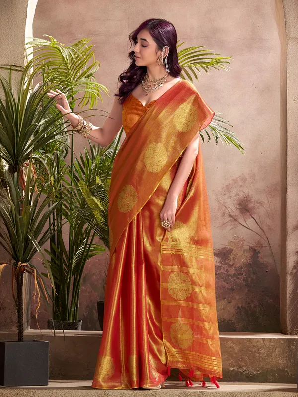 Orange festive wear yissue silk saree