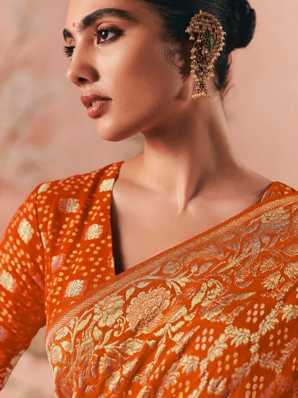 Orange georgette bandhej zari woven festive saree