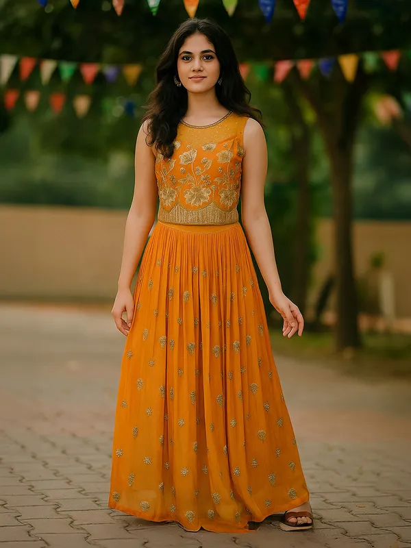 Orange georgette embroidered work lehenga choli