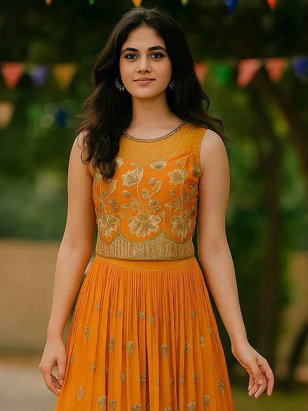 Orange georgette embroidered work lehenga choli
