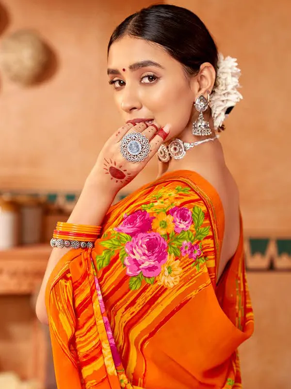 Orange georgette floral printed saree