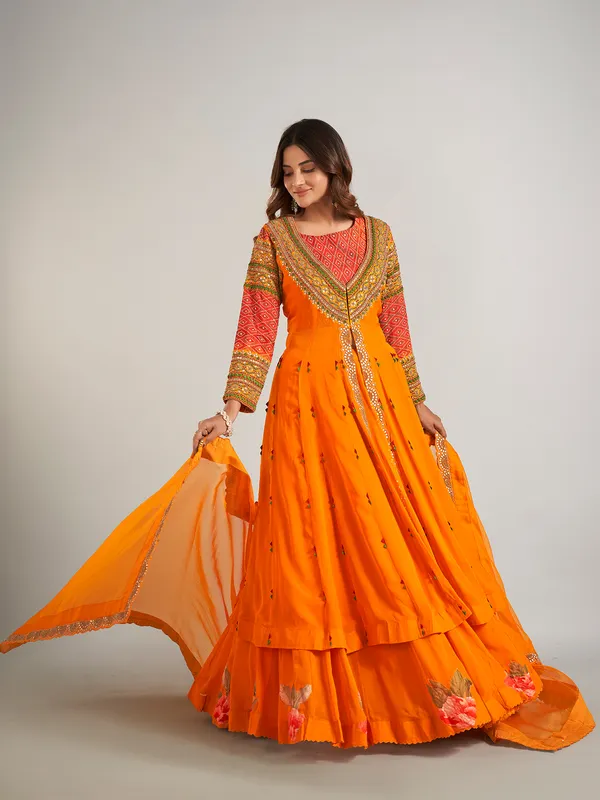 Orange georgette jacket style lehenga suit