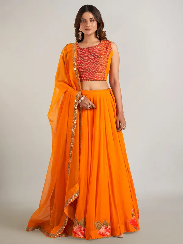 Orange georgette jacket style lehenga suit
