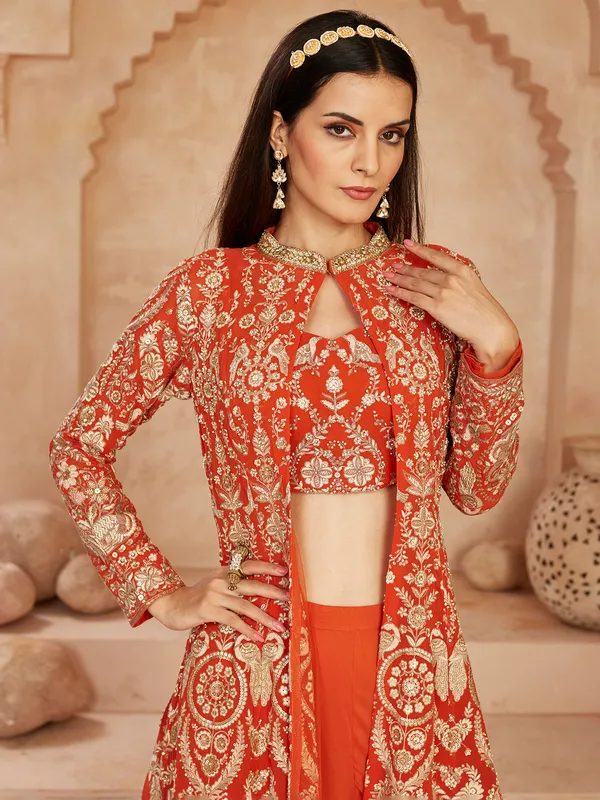 Orange georgette jacket style wedding palazzo suit