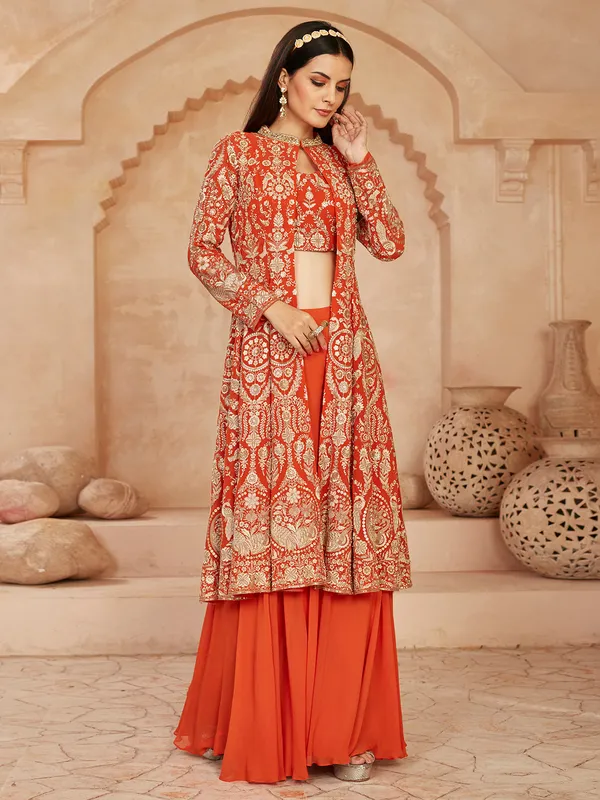 Orange georgette jacket style wedding palazzo suit
