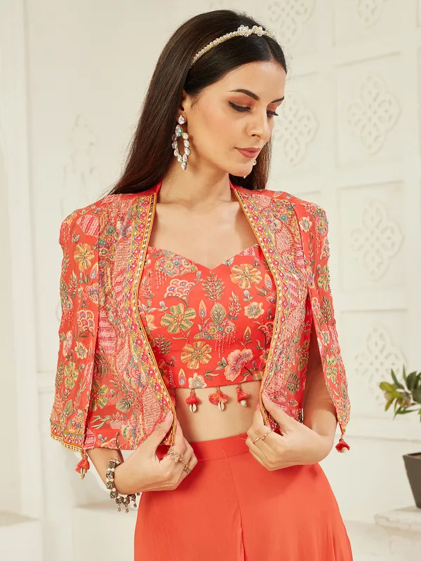 Orange georgette jacket suit with festive detailing