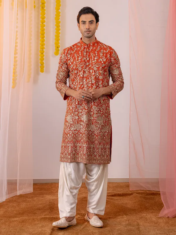 Orange georgette kurta suit for men