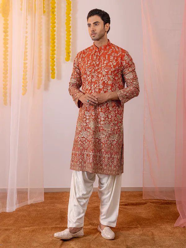Orange georgette kurta suit for men