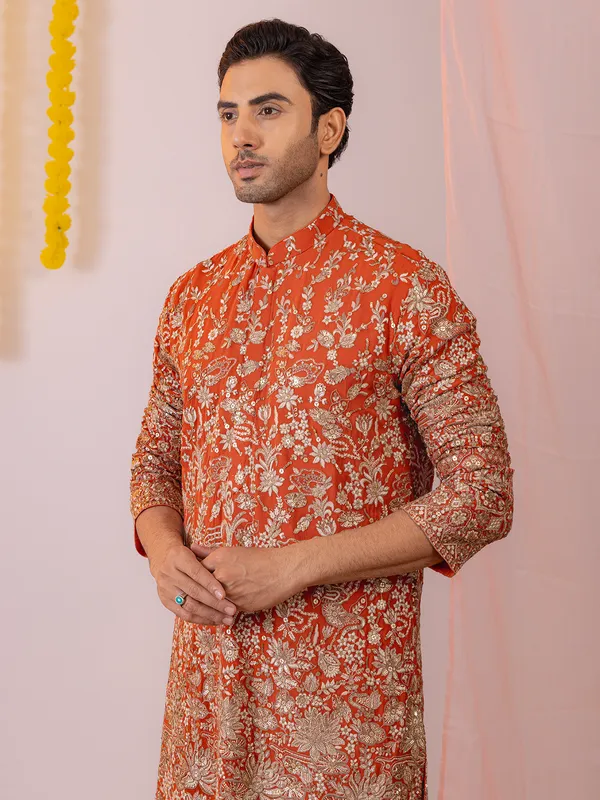Orange georgette kurta suit for men