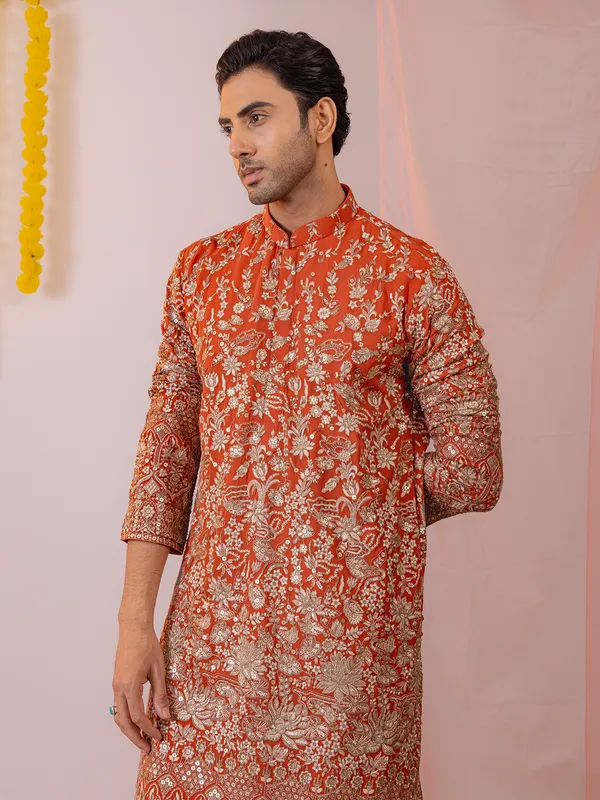 Orange georgette kurta suit for men