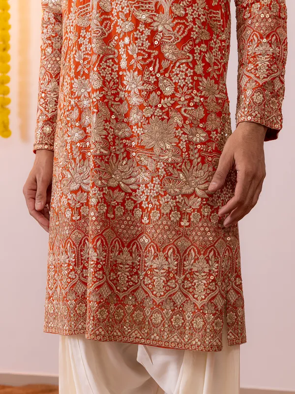 Orange georgette kurta suit for men
