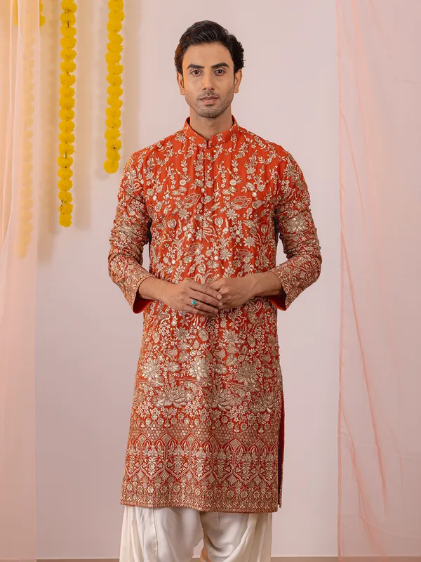 Orange georgette kurta suit for men