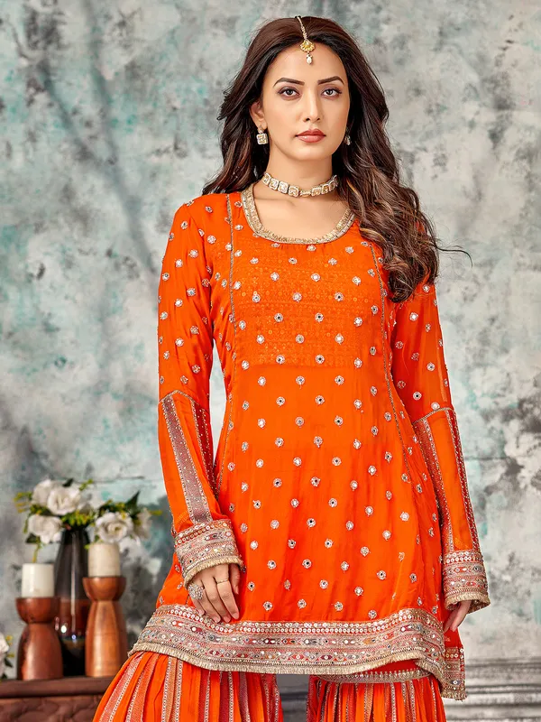 Orange georgette pakistani sharara suit for wedding