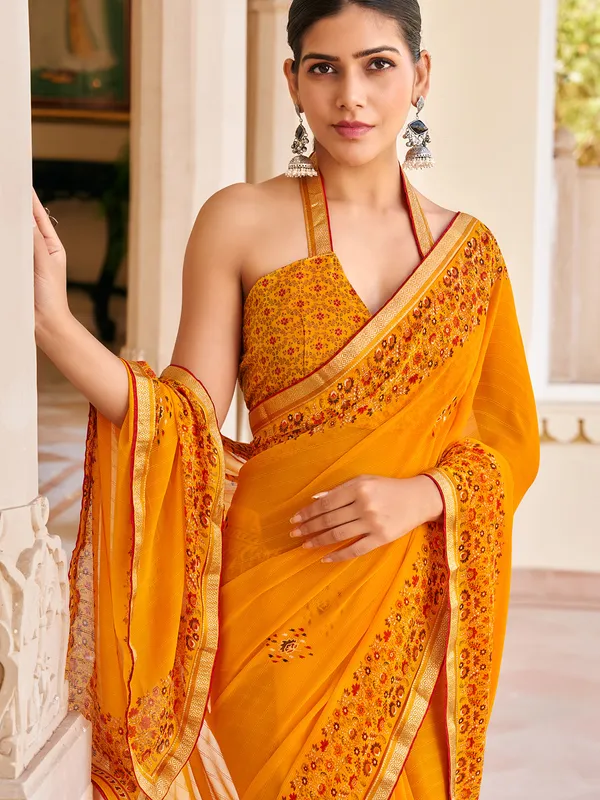 Orange georgette printed saree for women