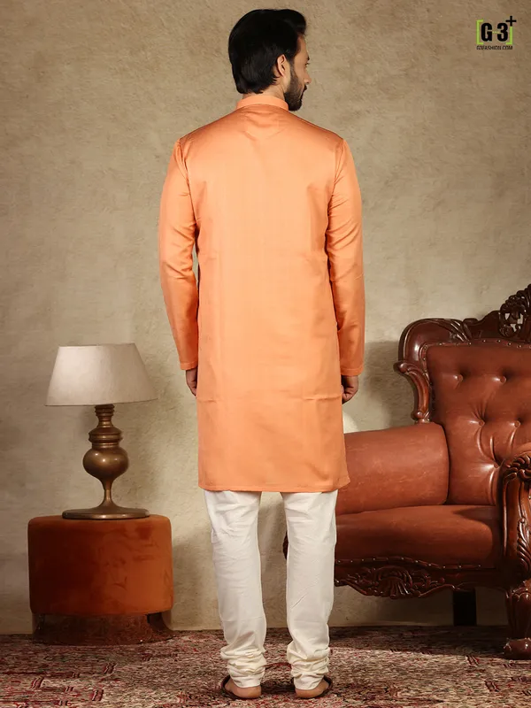 Peach hue solid cotton fabric  Men Kurta pajama