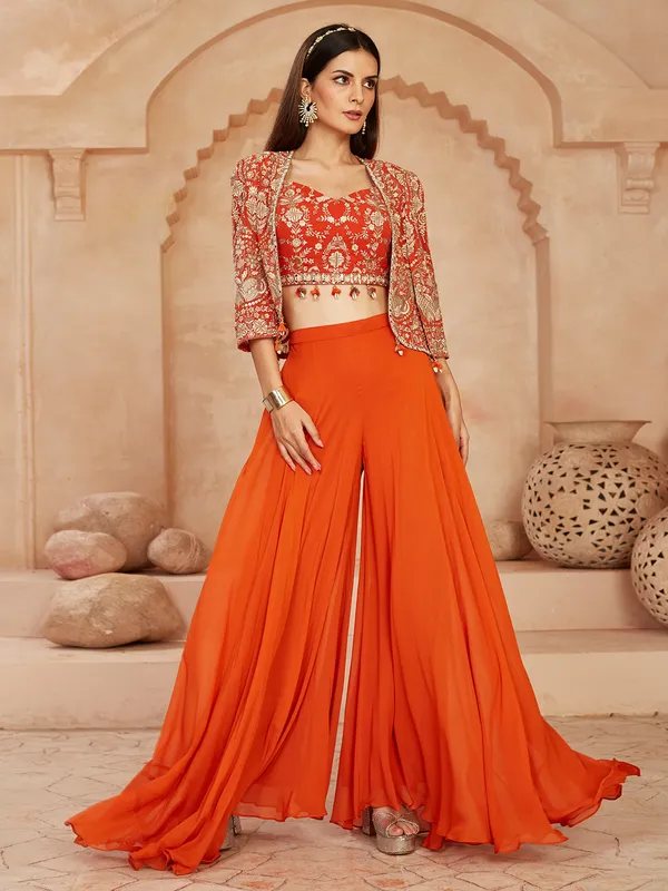 Orange jacket style palazzo suit in georgette for women