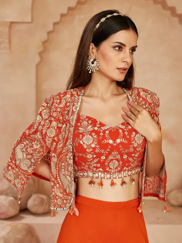 Orange jacket style palazzo suit in georgette for women