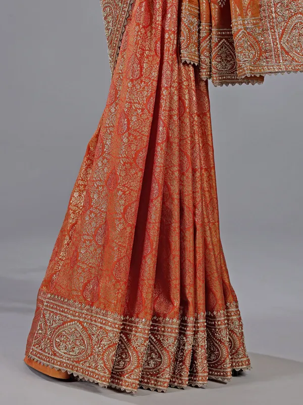 Orange kanjivaram silk blouse with regal zardosi work