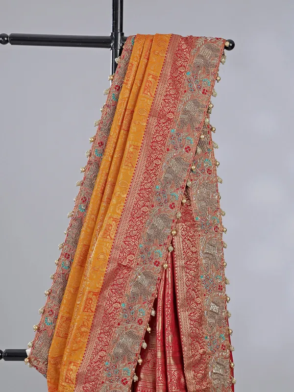 Orange kanjivaram silk saree with unstitched blouse piece