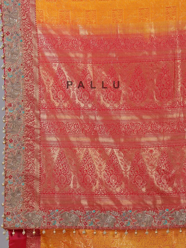 Orange kanjivaram silk saree with unstitched blouse piece