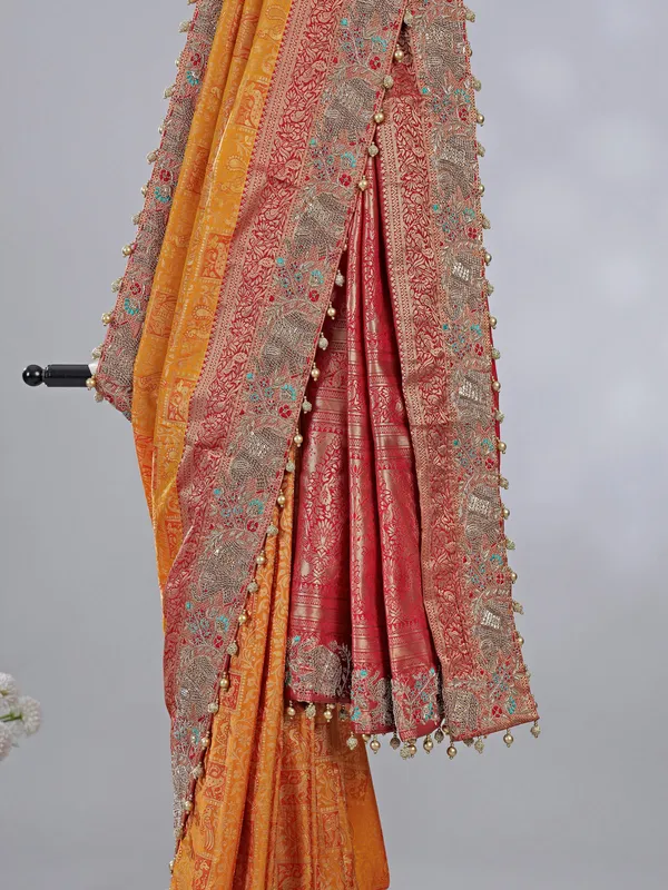 Orange kanjivaram silk saree with unstitched blouse piece