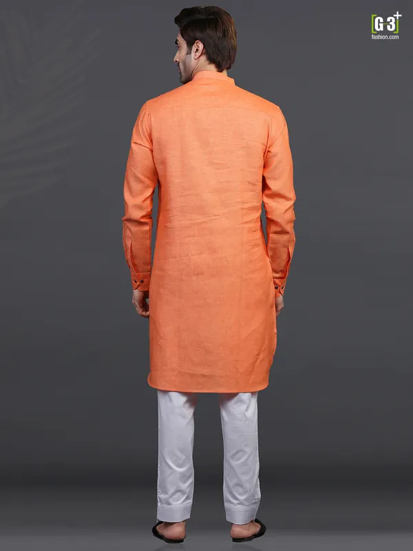 orange linen festive wear kurta suit
