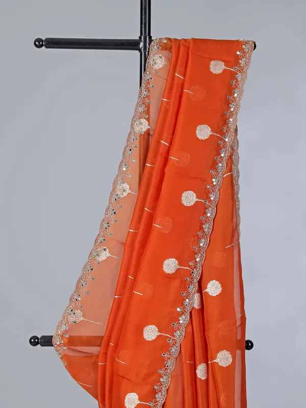 Orange organza saree with diamond work