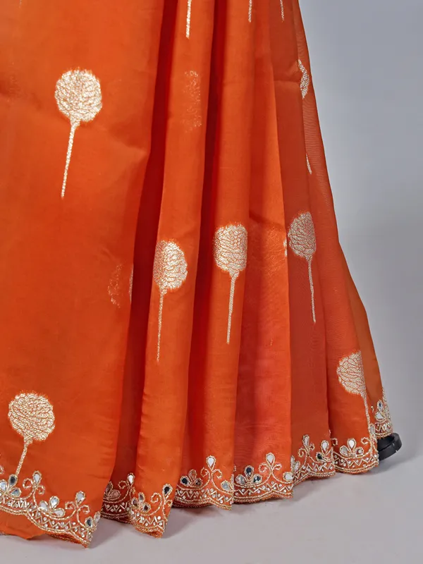 Orange organza saree with diamond work