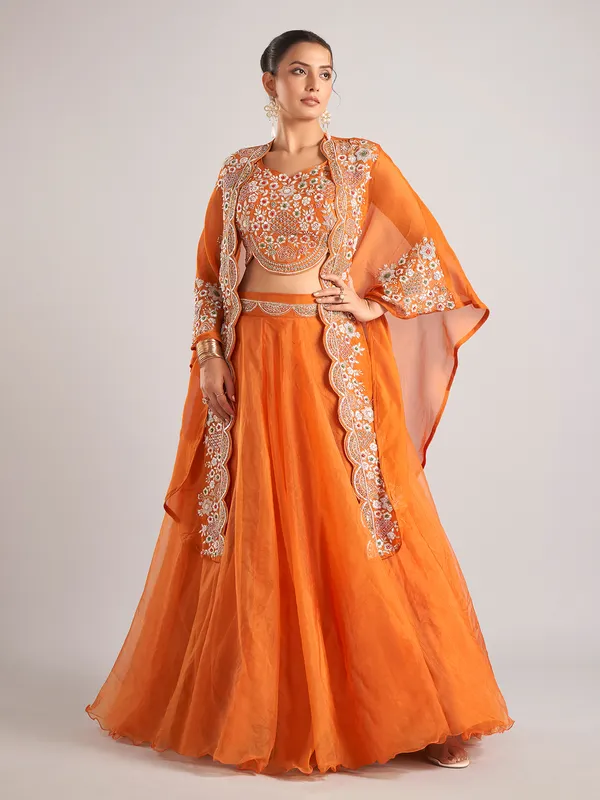 Orange organza shrug lehenga choli with heavy resham work