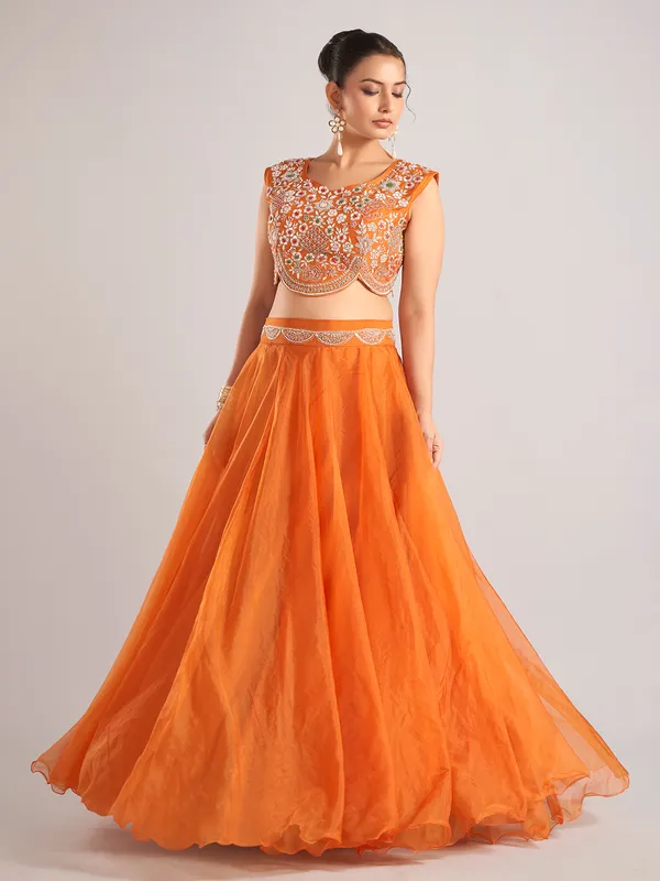 Orange organza shrug lehenga choli with heavy resham work