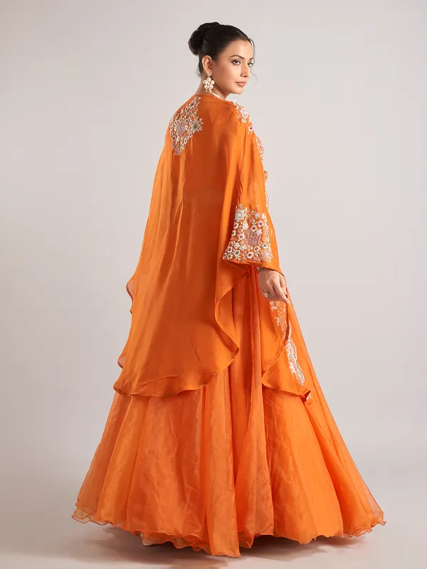 Orange organza shrug lehenga choli with heavy resham work