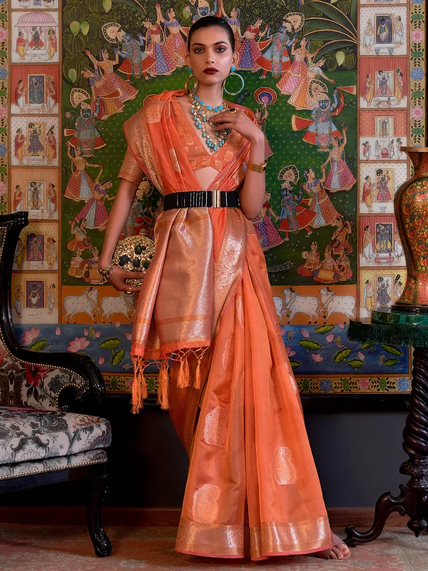 Orange organza zari weaving saree