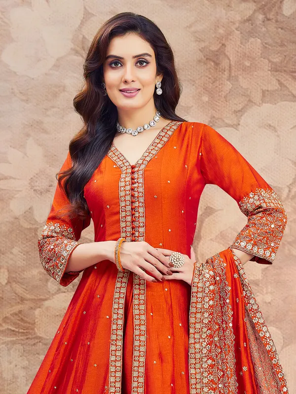Orange pakistani palazzo suit with resham work for women