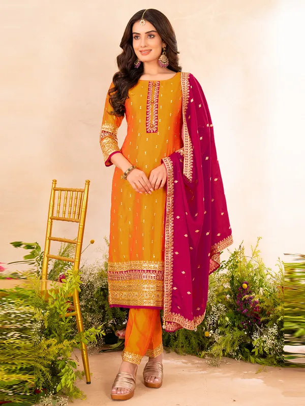 Orange pakistani silk salwar suit with dupatta