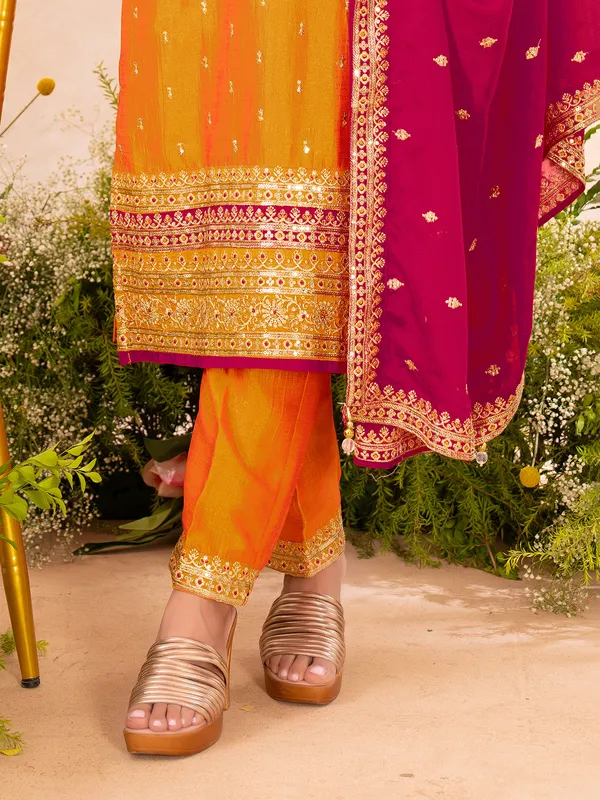 Orange pakistani silk salwar suit with dupatta