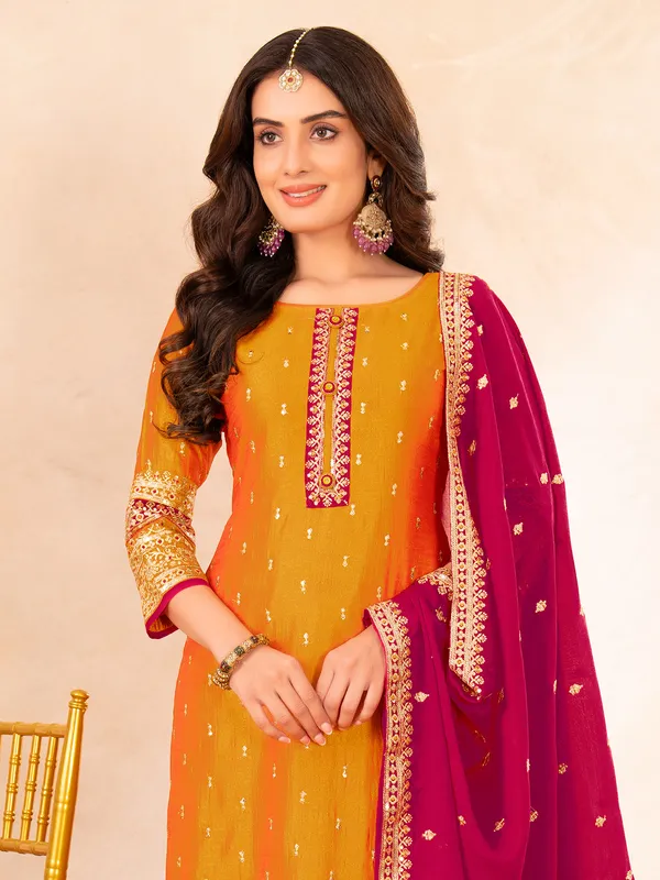 Orange pakistani style silk salwar suit with dupatta
