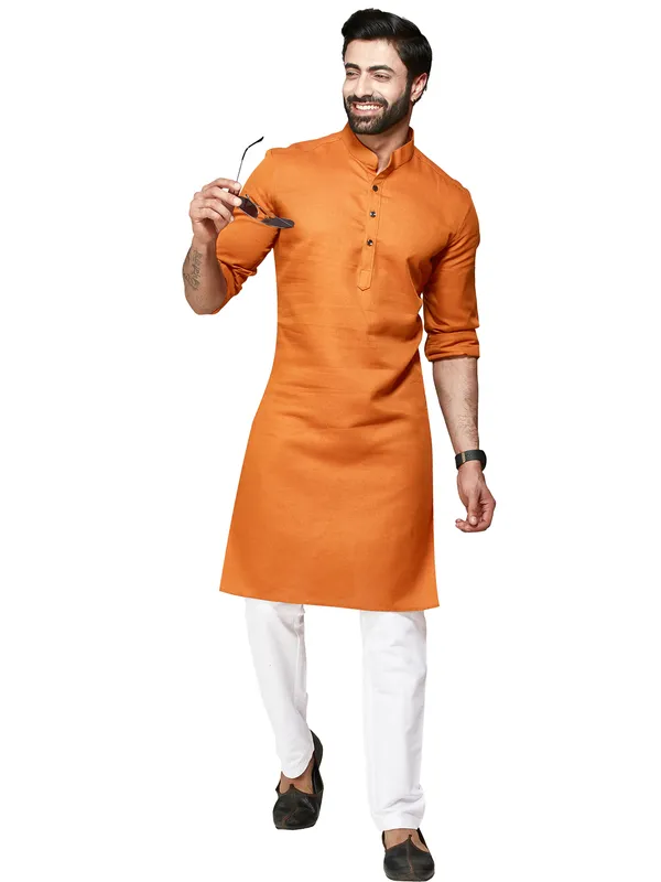 Orange plain cotton Kurta Set for Men