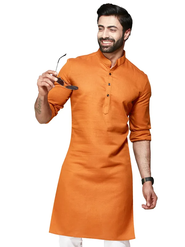 Orange plain cotton Kurta Set for Men