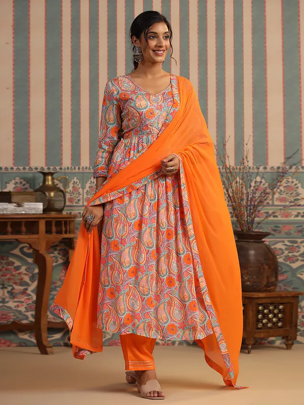 Orange printed casual kurti set