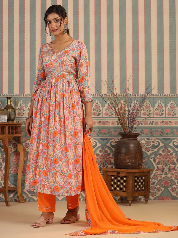 Orange printed casual kurti set
