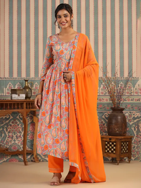 Orange printed casual kurti set
