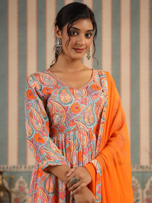 Orange printed casual kurti set