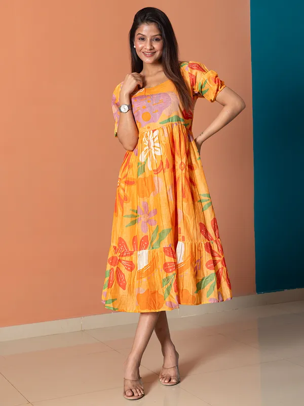 Orange printed cotton casual wear mini dress for women