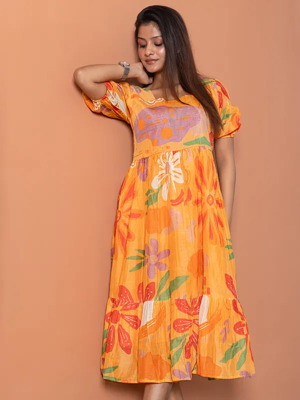 Orange printed cotton casual wear mini dress for women