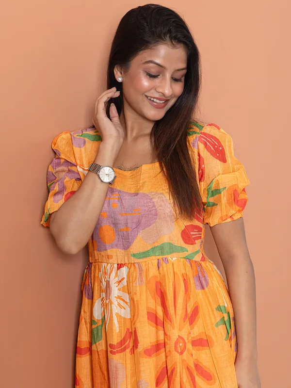 Orange printed cotton casual wear mini dress for women