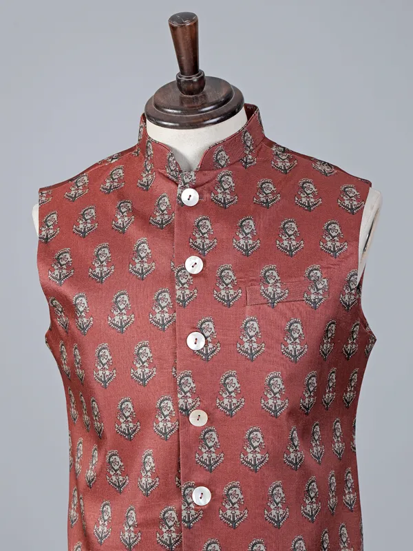 Orange printed cotton silk festive waistcoat