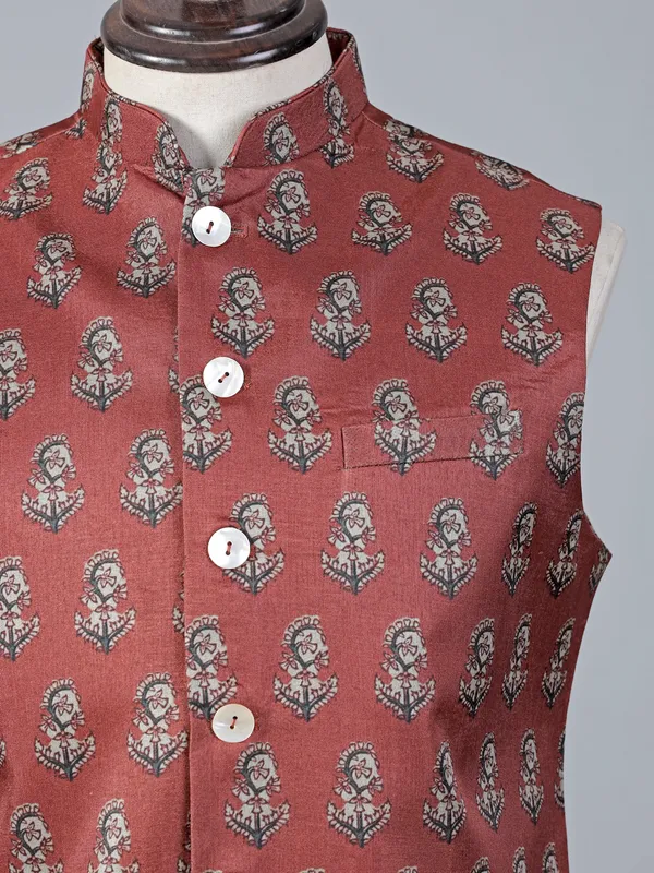 Orange printed cotton silk festive waistcoat