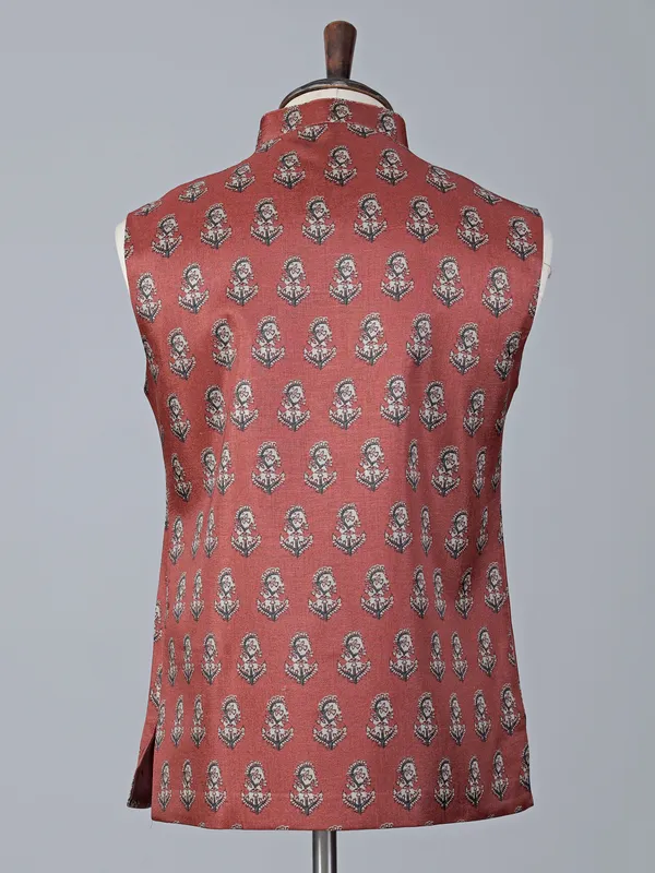 Orange printed cotton silk festive waistcoat